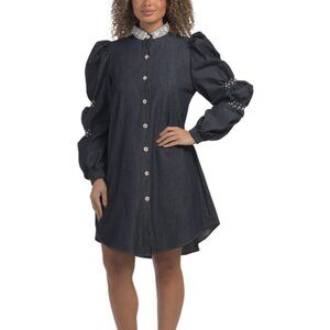 NANCY YANG Rhinestone Denim Midi Dress